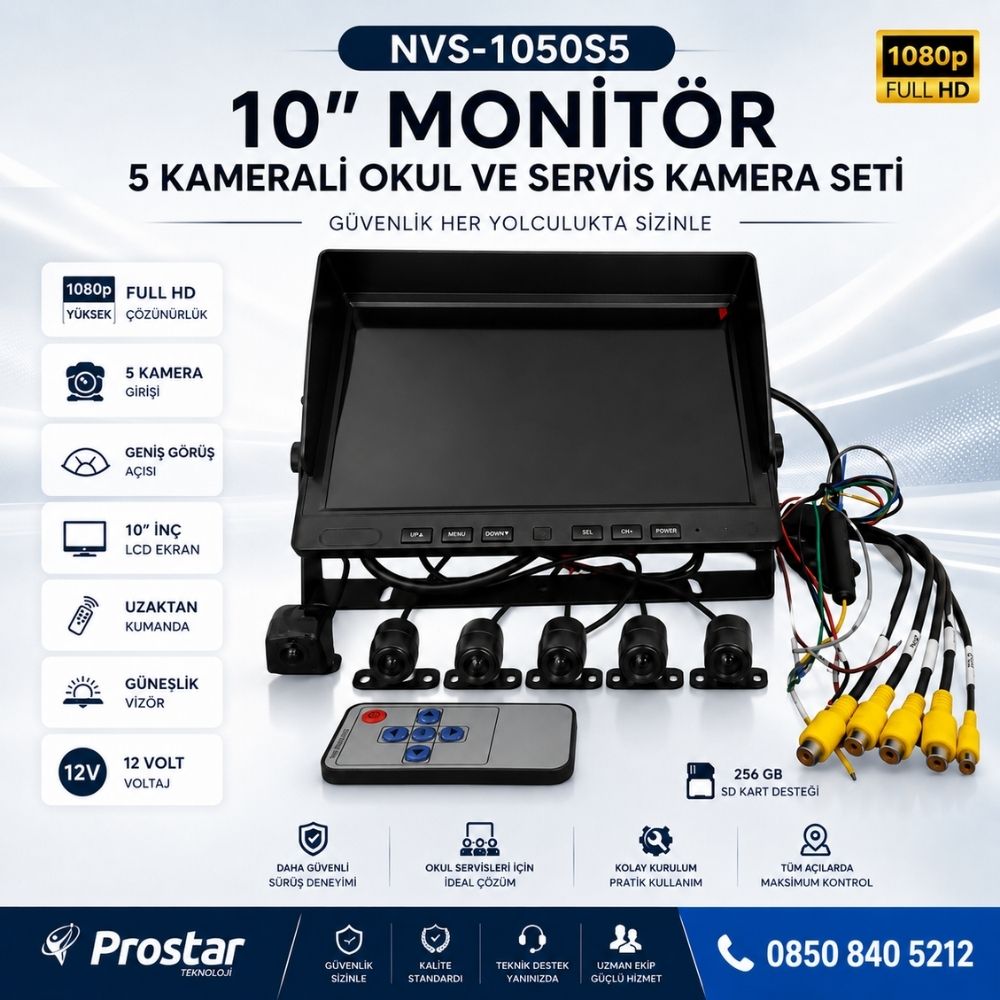 10" Monitör Beş Kameralı 720p Kayıtlı Servis ve Okul Taşıt Kamera Seti