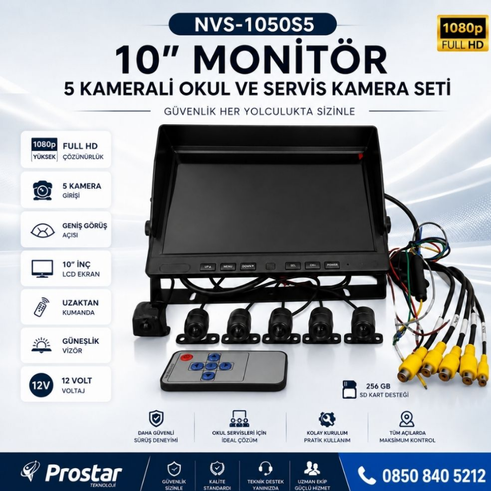 10" Monitör Beş Kameralı 720p Kayıtlı Servis ve Okul Taşıt Kamera Seti 