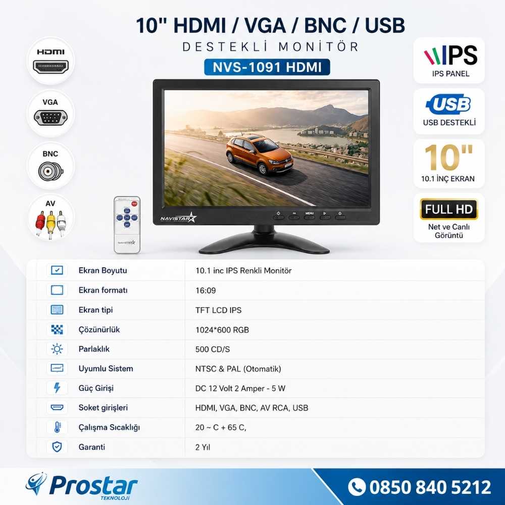 10.1" Büyük Ekranlı Hdmi Vga Bnc Av Usb Girişli Monitör