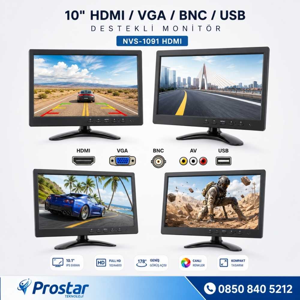 10.1" Büyük Ekranlı Hdmi Vga Bnc Av Usb Girişli Monitör