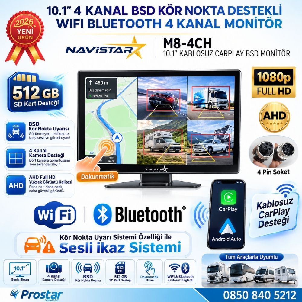 10.1 inç Dokunmatik 4 Kanal Kayıtlı Kablosuz Carplay Wifi Kör Nokta Uyarılı Araç Monitörü 512 GB Destekli