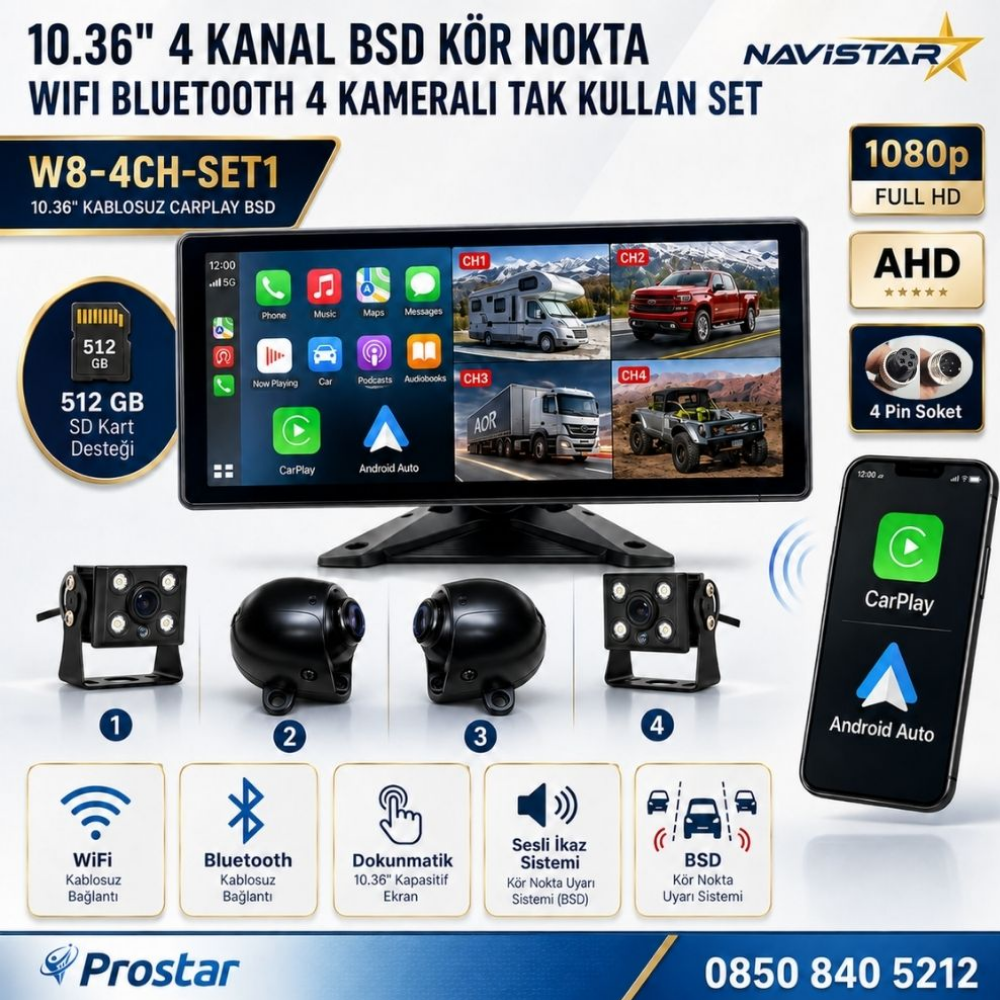 10.36 inç 4 Kameralı 1080P Kablosuz Carplay Wifi Bluetooth Fm Transmitter Tak Kullan Kamera Seti