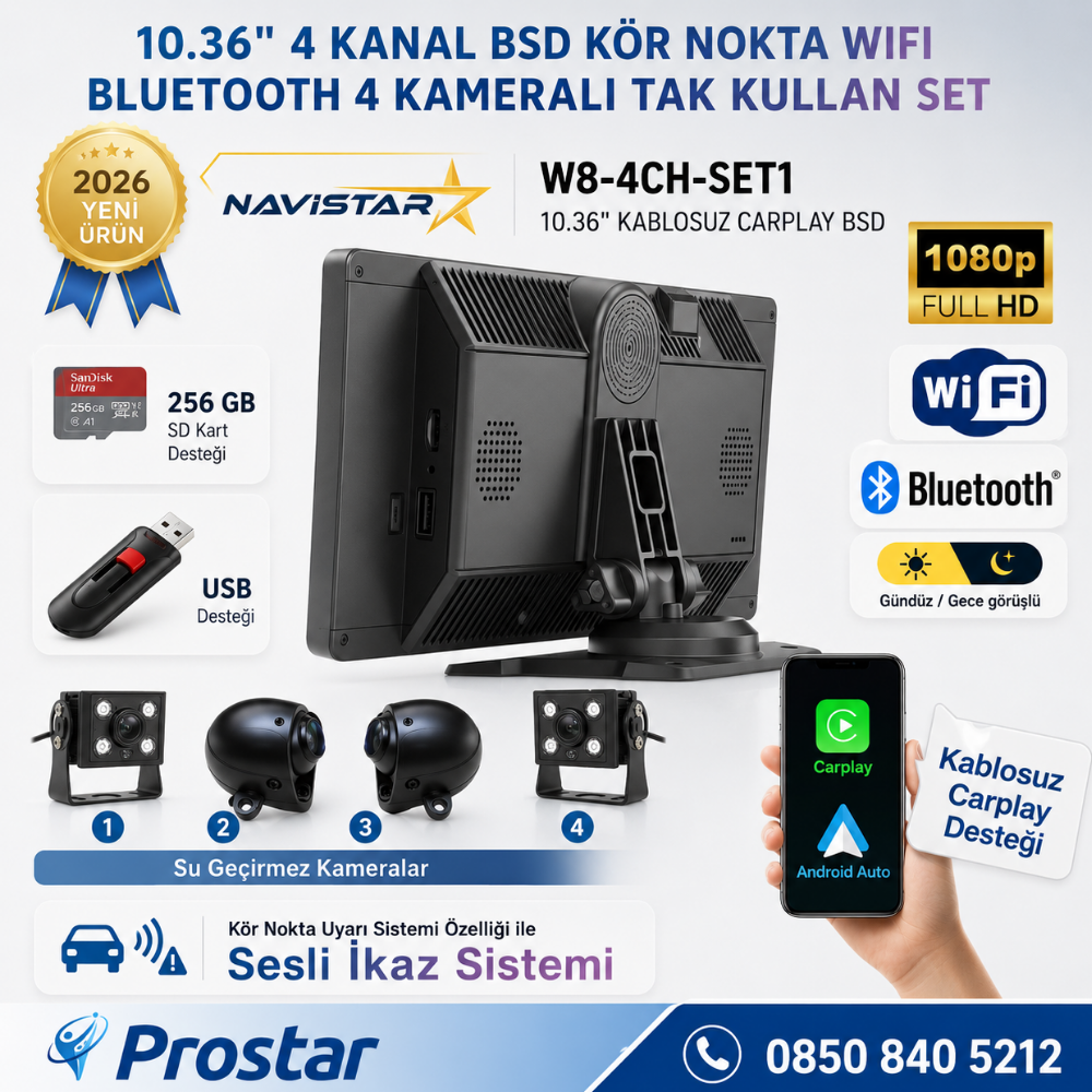 10.36 inç 4 Kameralı 1080P Kablosuz Carplay Wifi Bluetooth Fm Transmitter Tak Kullan Kamera Seti