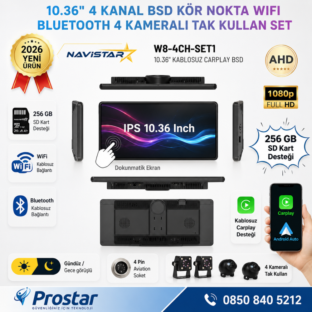 10.36 inç 4 Kameralı 1080P Kablosuz Carplay Wifi Bluetooth Fm Transmitter Tak Kullan Kamera Seti