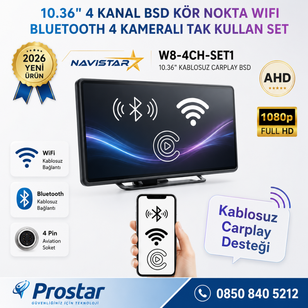 10.36 inç 4 Kameralı 1080P Kablosuz Carplay Wifi Bluetooth Fm Transmitter Tak Kullan Kamera Seti