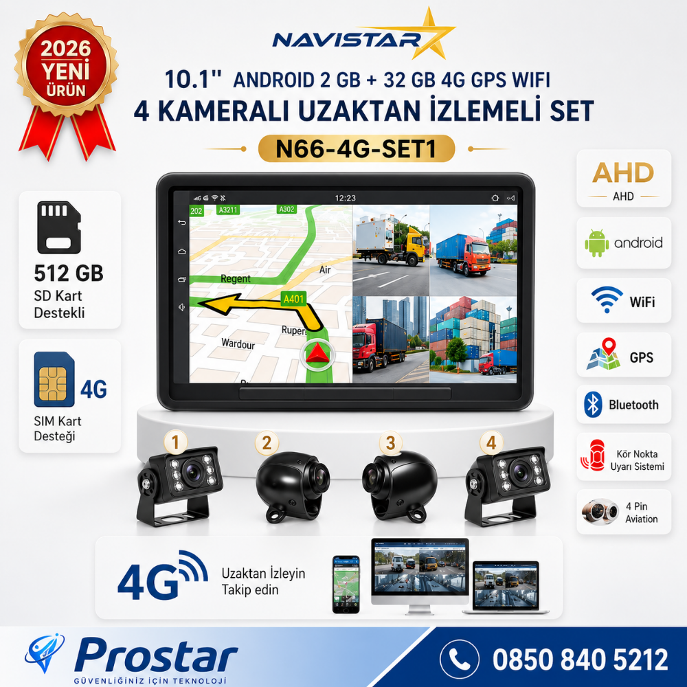 10 inç Android 4G Uzaktan izlemeli, 4 Kameralı, Wifi, GPS, Bluetooth 2 GB + 32 GB ve 512 GB SD Kart Destekli Set