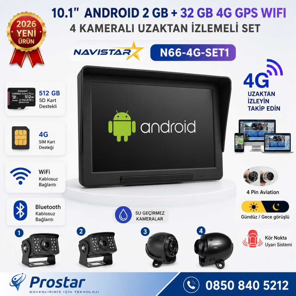 10 inç Android 4G Uzaktan izlemeli, 4 Kameralı, Wifi, GPS, Bluetooth 2 GB + 32 GB ve 512 GB SD Kart Destekli Set