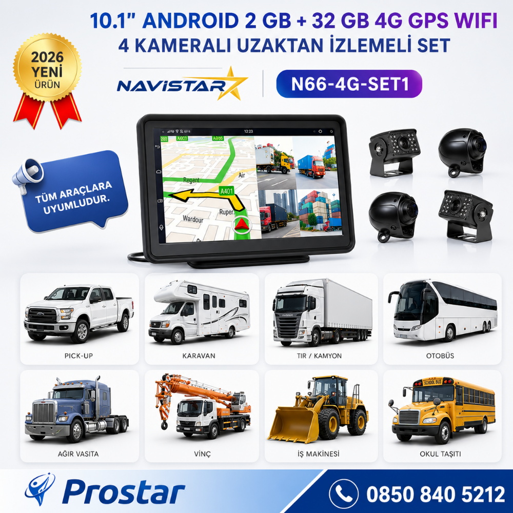 10 inç Android 4G Uzaktan izlemeli, 4 Kameralı, Wifi, GPS, Bluetooth 2 GB + 32 GB ve 512 GB SD Kart Destekli Set
