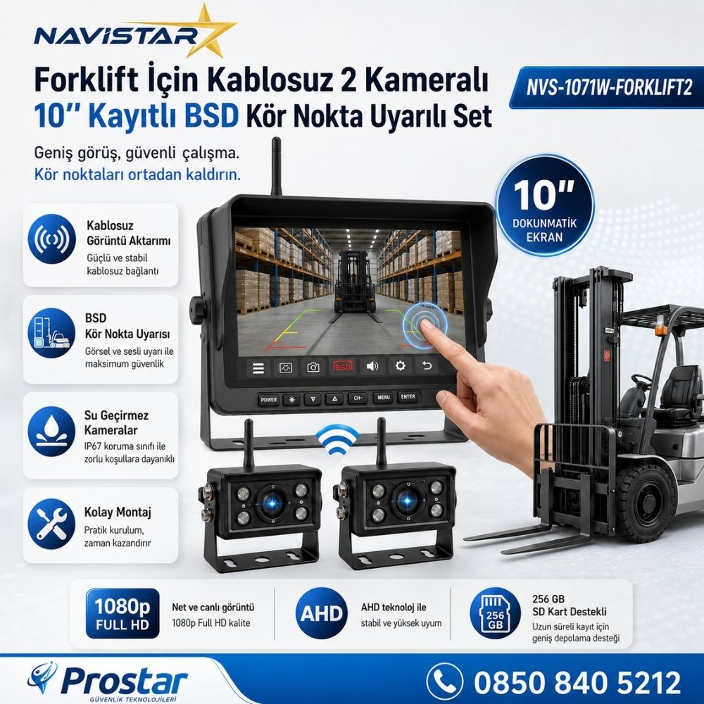 10 inç Dokunmatik 2 Kablosuz Kameralı Forklift Güvenlik Sistemi AHD Ekran Kör Nokta Uyarılı 1080P Full HD Set