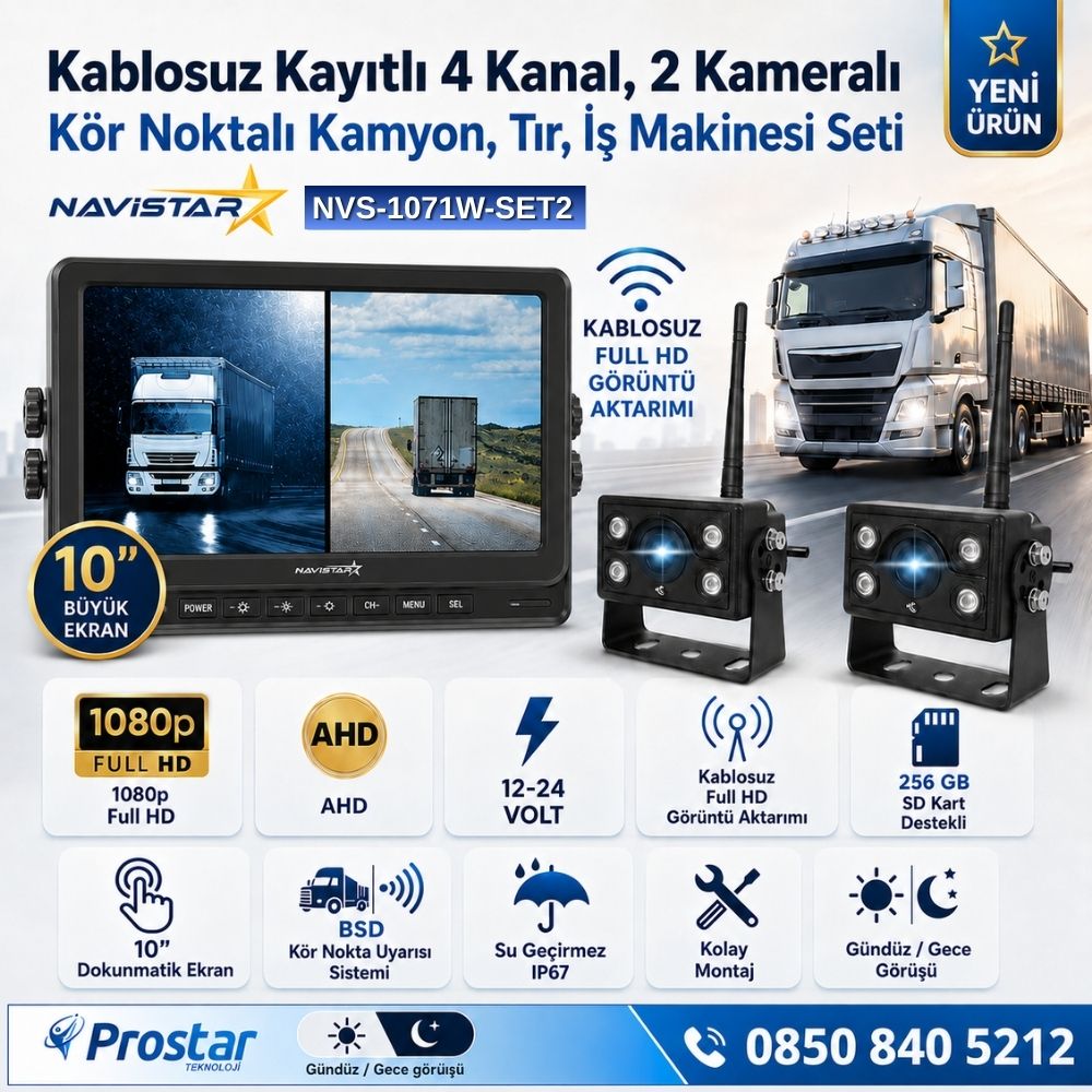10 inç Dokunmatik 2 Kablosuz Kameralı Güvenlik Sistemi AHD Ekran Kör Nokta Uyarılı 1080P Full HD Set