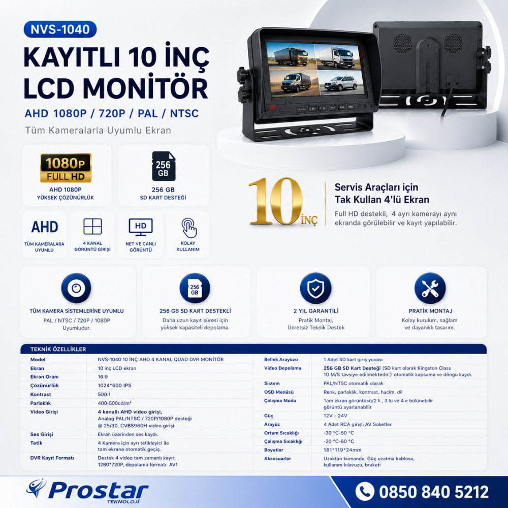 10 inç Dörde Bölünebilir Kayıtlı 256 Gb Destekli Monitör Tüm Araçlara Uyumlu