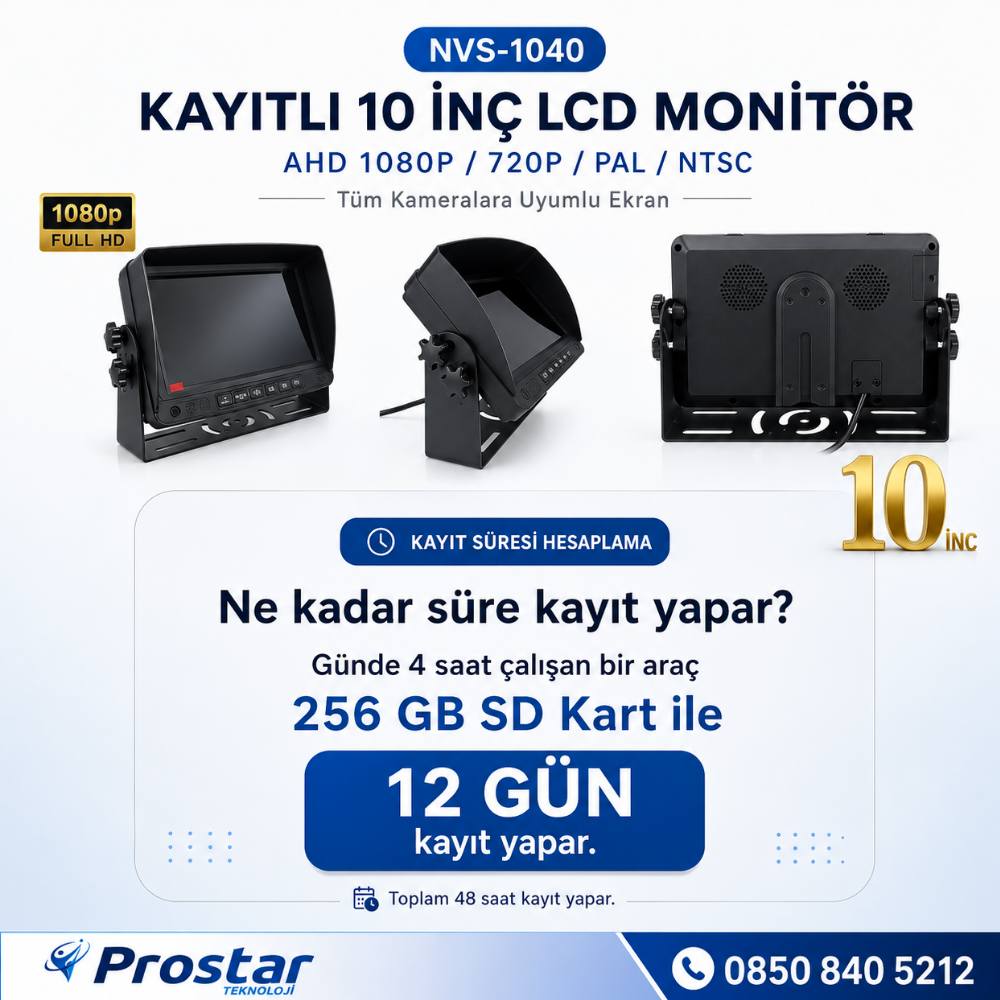10 inç Dörde Bölünebilir Kayıtlı 256 Gb Destekli Monitör Tüm Araçlara Uyumlu