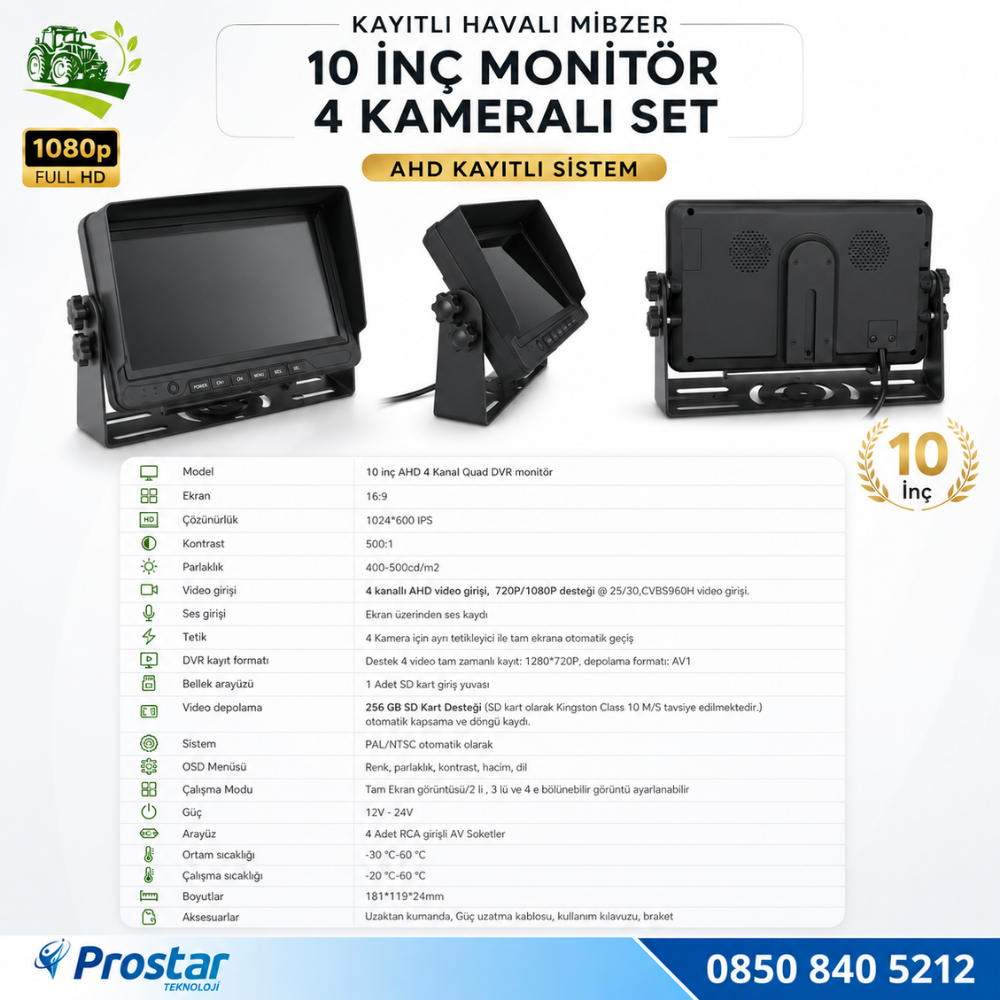 10 inç Monitör 4 Kameralı Mibzer Havalı Tohum Makinesi AHD Kayıtlı Kamera Seti