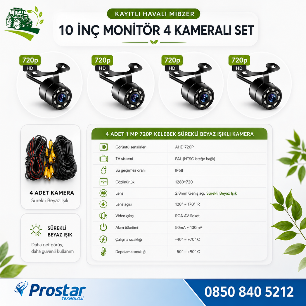 10 inç Monitör 4 Kameralı Mibzer Havalı Tohum Makinesi AHD Kayıtlı Kamera Seti