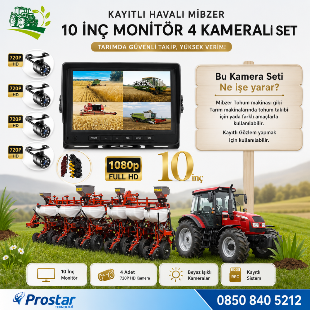 10 inç Monitör 4 Kameralı Mibzer Havalı Tohum Makinesi AHD Kayıtlı Kamera Seti