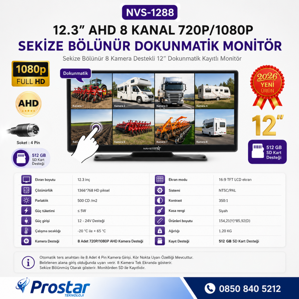 12.3 inç 8 Kanal Full HD AHD Geniş Ekran Dokunmatik Kayıtlı Araç Monitörü 12-24V