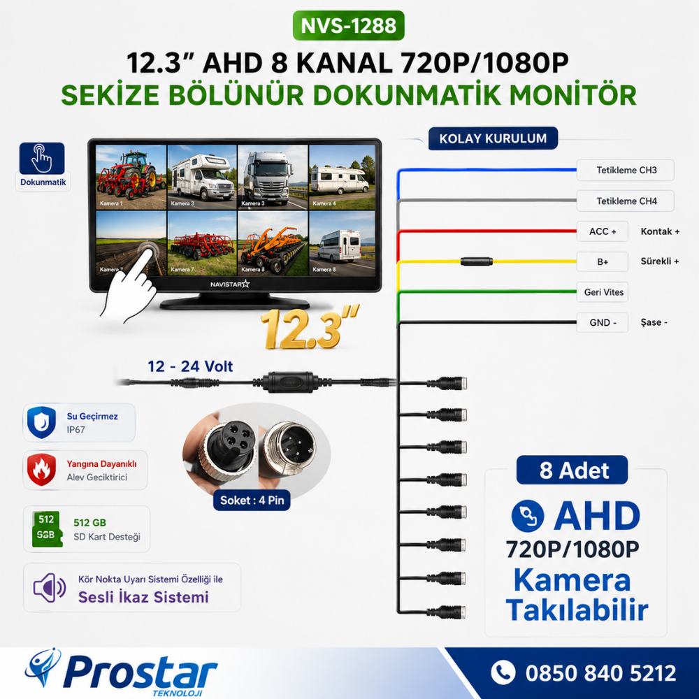 12.3 inç 8 Kanal Full HD AHD Geniş Ekran Dokunmatik Kayıtlı Araç Monitörü 12-24V
