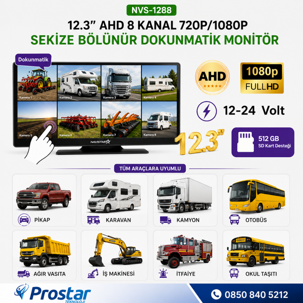 12.3 inç 8 Kanal Full HD AHD Geniş Ekran Dokunmatik Kayıtlı Araç Monitörü 12-24V