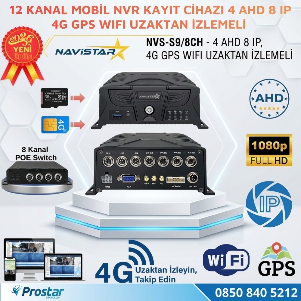 12 Kanal Profesyonel Mobil NVR/DVR Filo Güvenlik ve Takip Sistemi (4 AHD + 8 IP, 4G, GPS, WiFi, Endüstriyel Kara Kutu)