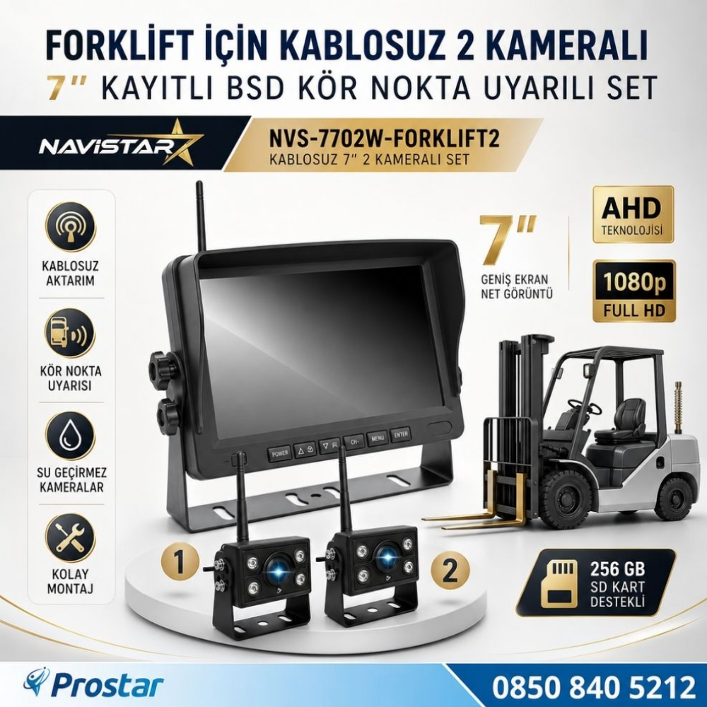 2 Kablosuz Kameralı Forklift Güvenlik Sistemi 7 inç AHD Ekran Kör Nokta Uyarılı 1080P Full HD Set
