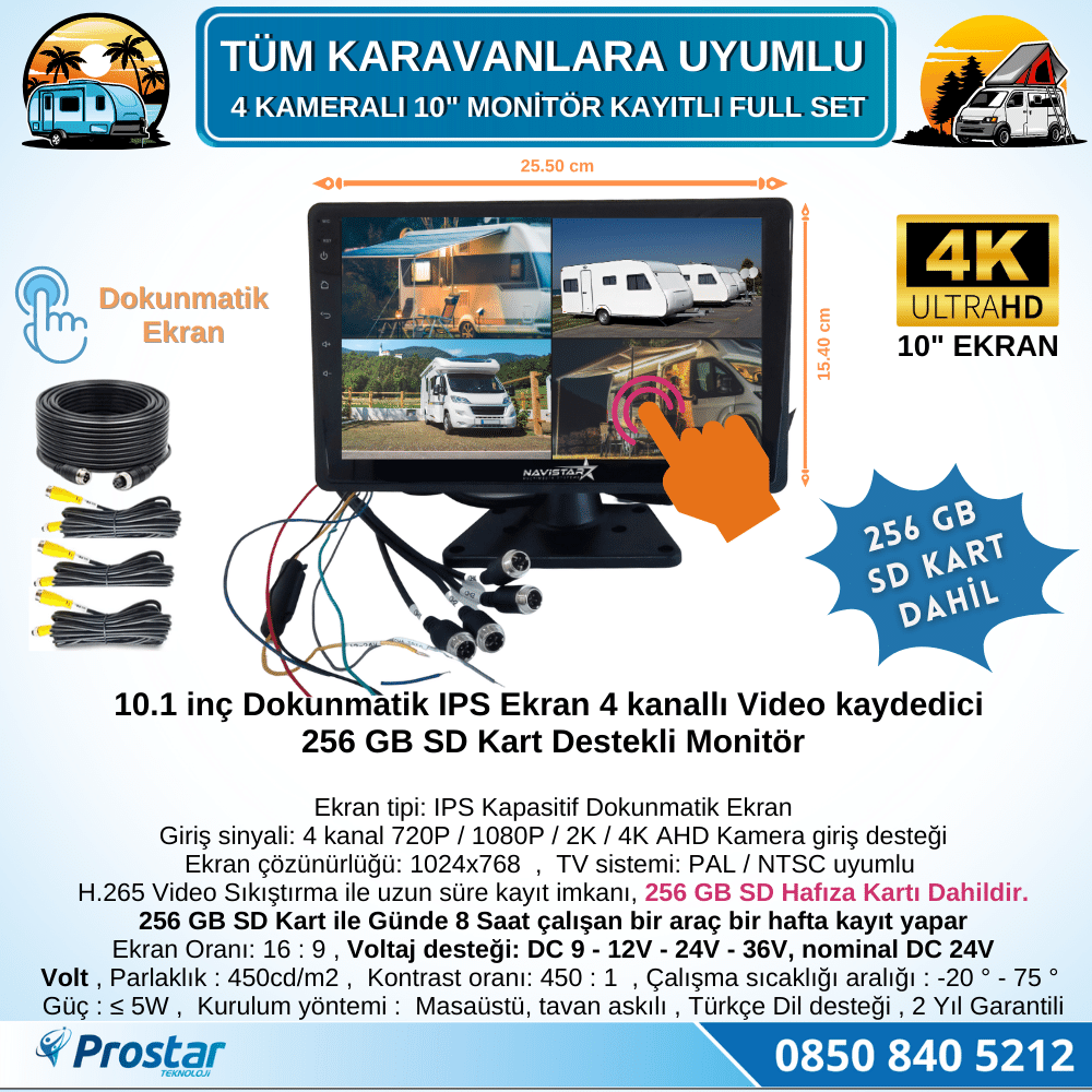 256 Gb Sd Dahil Karavan Kamera Seti 4 Kameralı 10 Inç Dokunmatik Ekranlı Tak Kullan