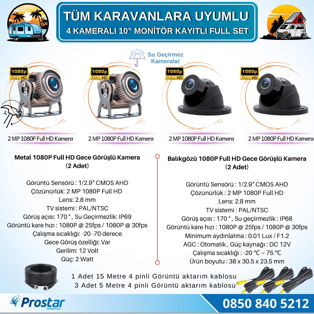 256 Gb Sd Dahil Karavan Kamera Seti 4 Kameralı 10 Inç Dokunmatik Ekranlı Tak Kullan