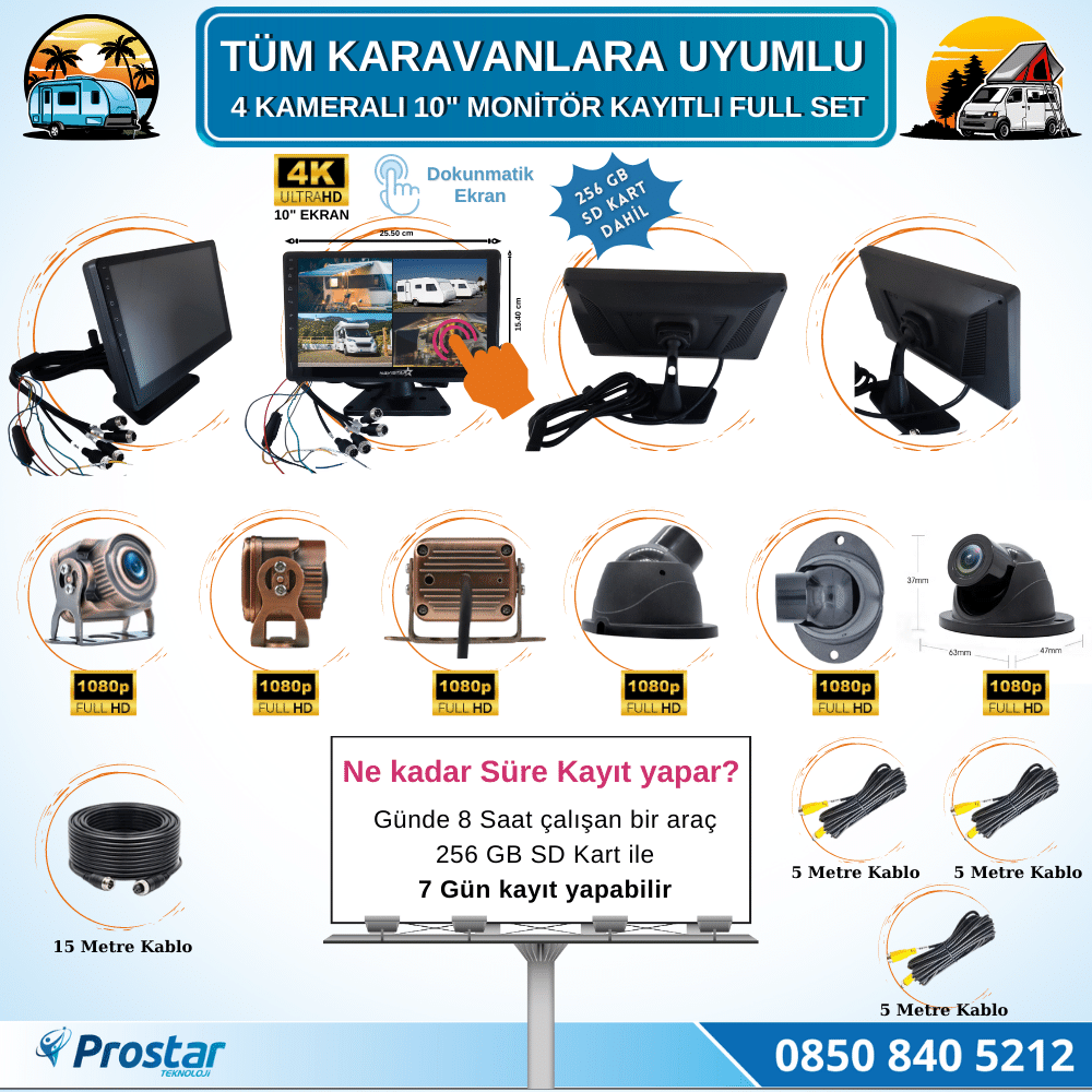 256 Gb Sd Dahil Karavan Kamera Seti 4 Kameralı 10 Inç Dokunmatik Ekranlı Tak Kullan