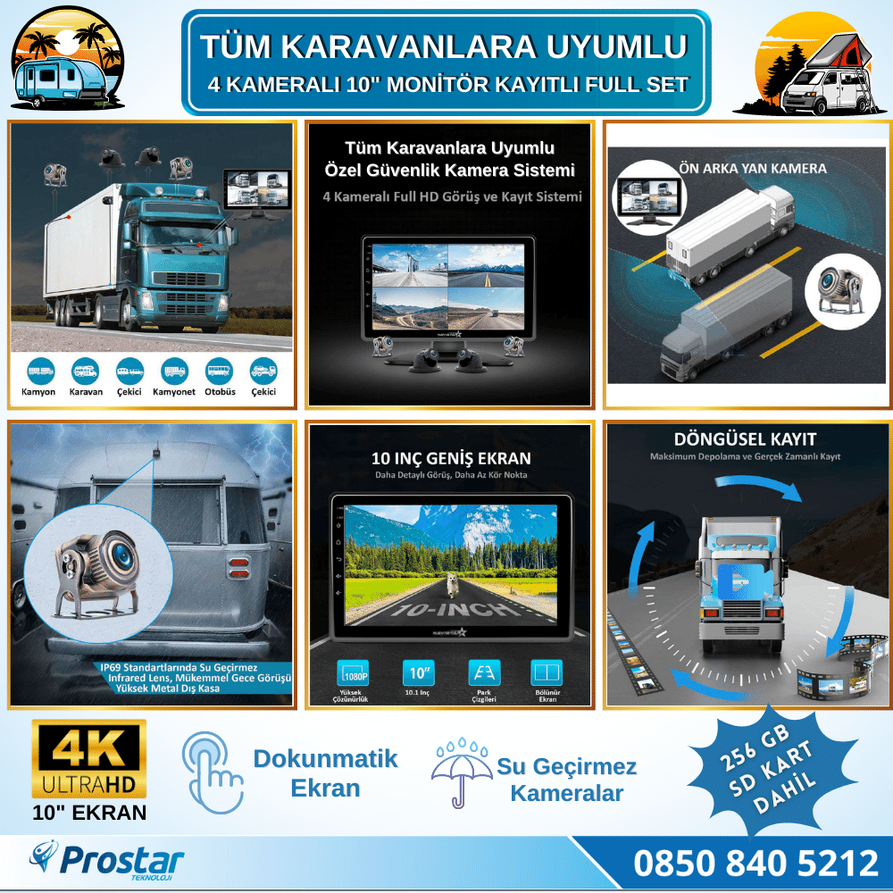 256 Gb Sd Dahil Karavan Kamera Seti 4 Kameralı 10 Inç Dokunmatik Ekranlı Tak Kullan