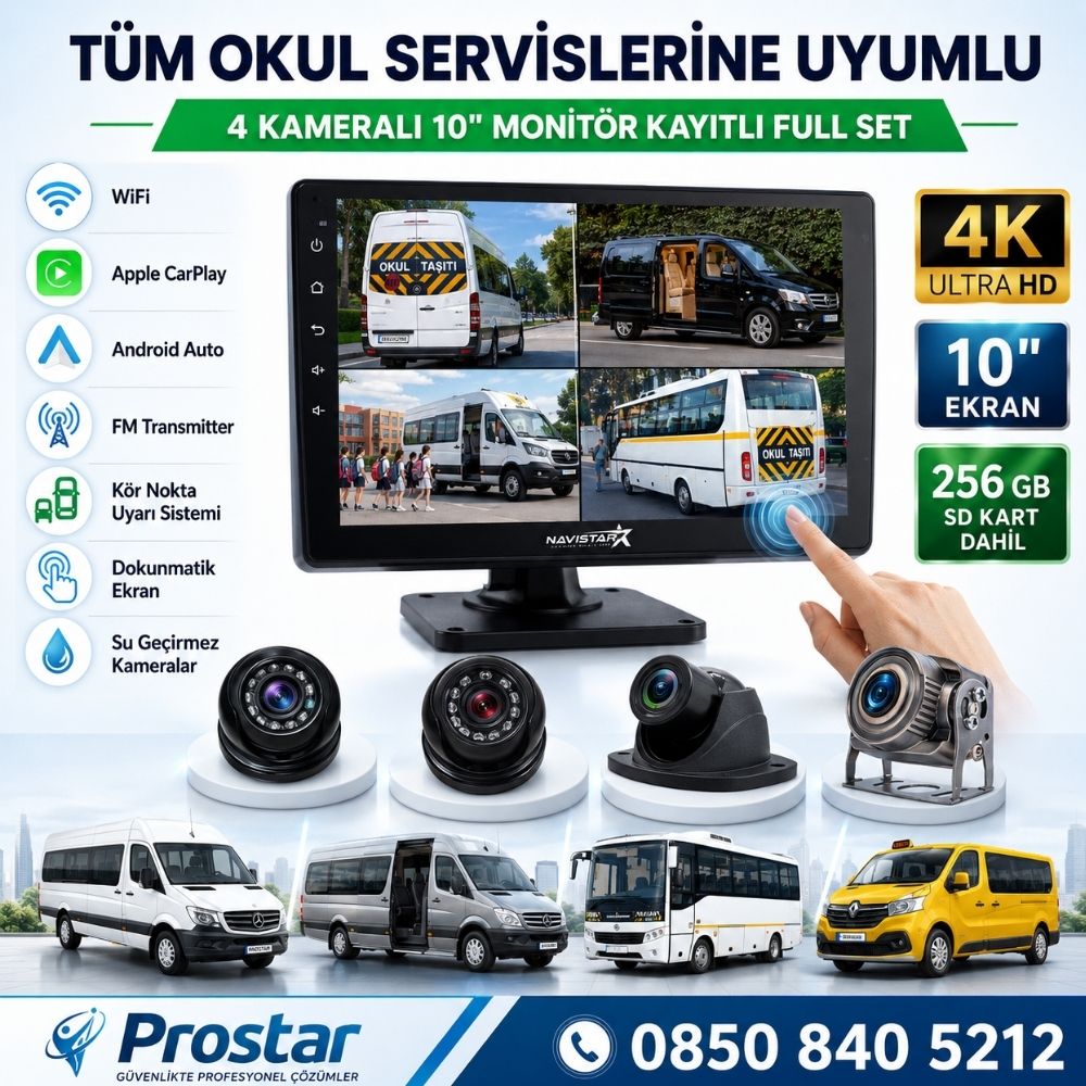 256 Gb Sd Dahil Kayıtlı 4 Kameralı 10 Inç Dokunmatik Ekranlı Servis Okul Kamera Seti