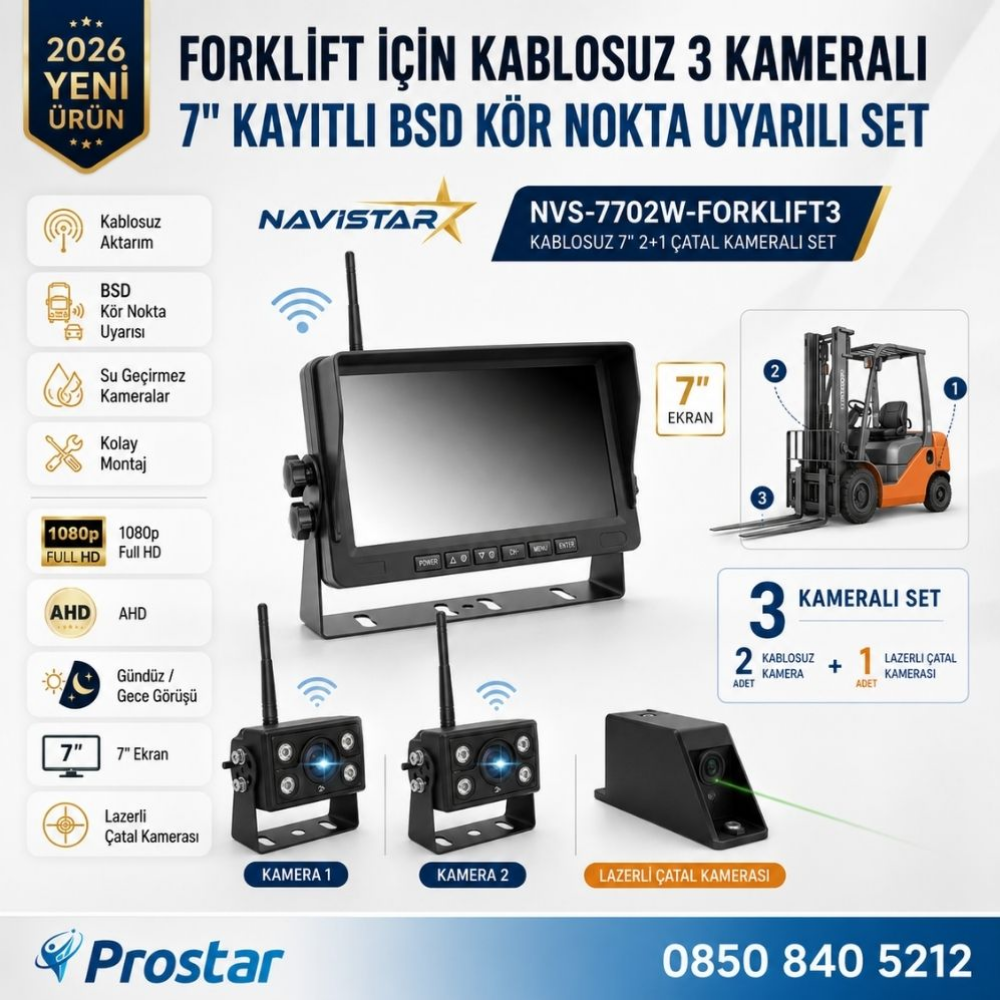 3 Kablosuz Kameralı Forklift Güvenlik Sistemi 7 inç AHD Ekran 2+1 Çatal Kamera Lazerli Kör Nokta Uyarılı 1080P Full HD Set