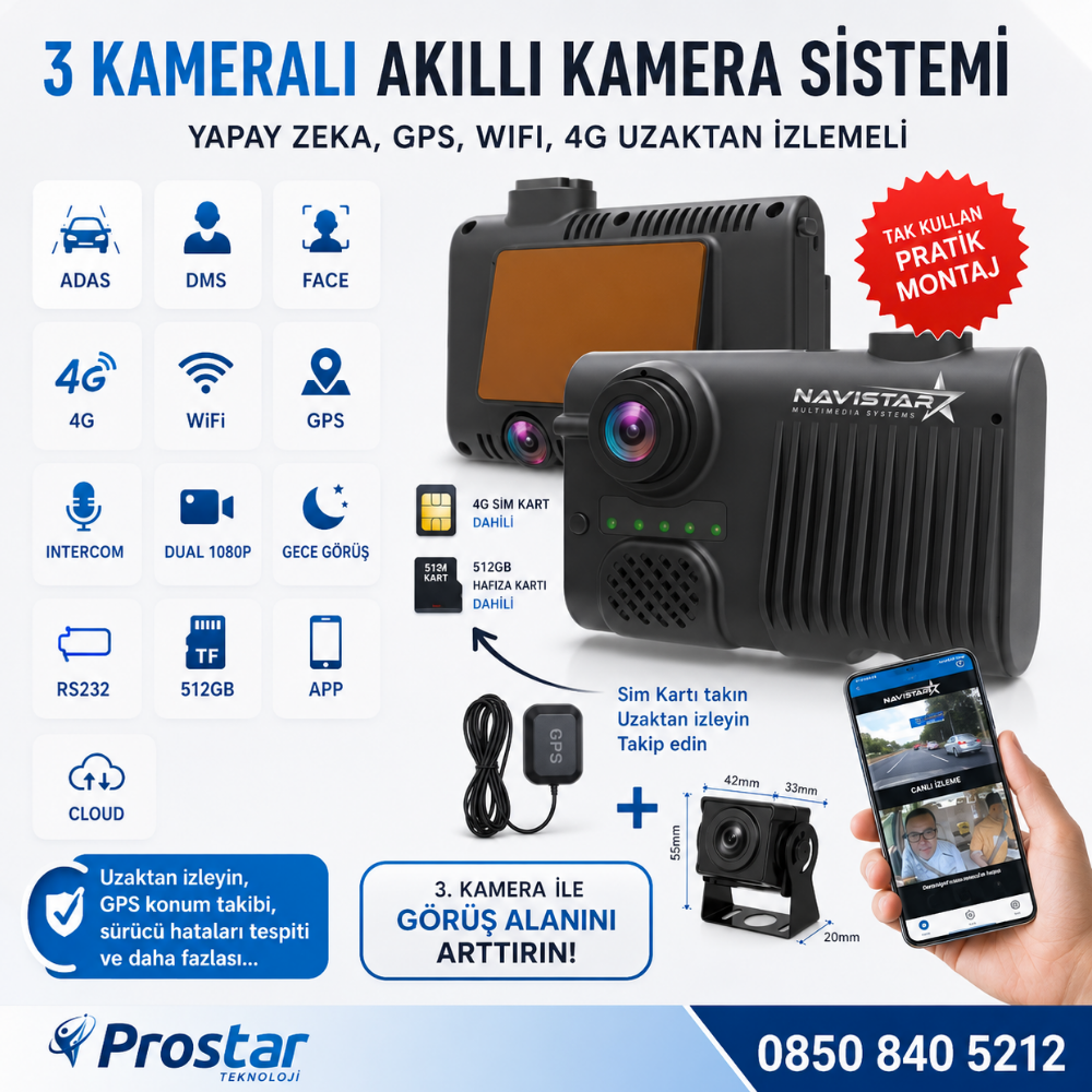 3 Kameralı 4G Uzaktan izlemeli GPS Wifi Yapay Zekalı Akıllı Dashcam Kamyon Tır Kamera Sistemi