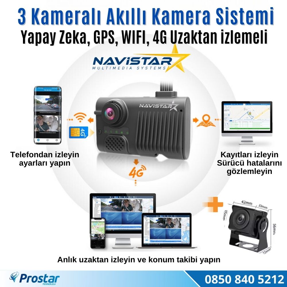 3 Kameralı 4G Uzaktan izlemeli GPS Wifi Yapay Zekalı Akıllı Dashcam Kamyon Tır Kamera Sistemi