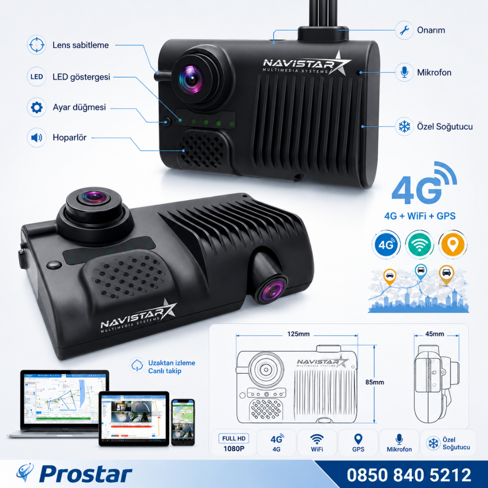 3 Kameralı 4G Uzaktan izlemeli GPS Wifi Yapay Zekalı Akıllı Dashcam Kamyon Tır Kamera Sistemi