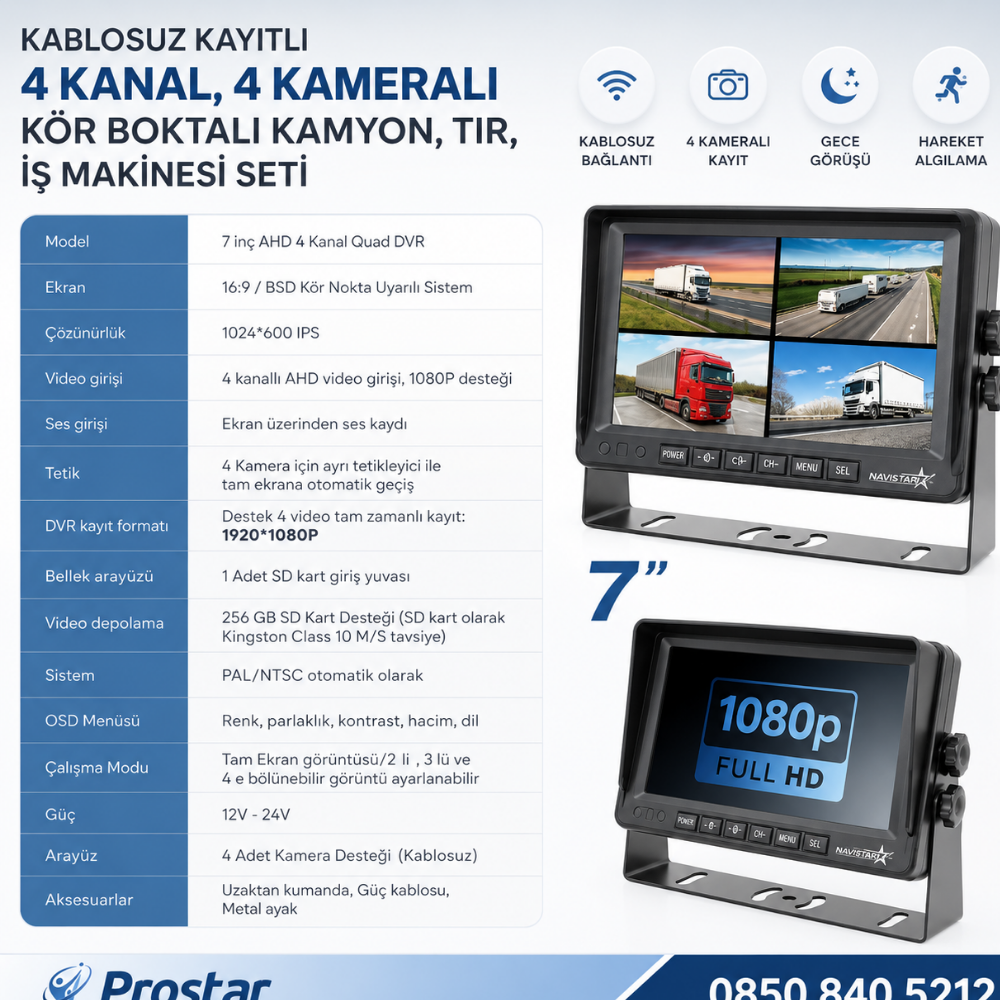 4 Kablosuz Kameralı 7 inç Kayıtlı Monitör Full HD BSD Kör Nokta Uyarı Sistemli Tak Kullan Kamera Seti
