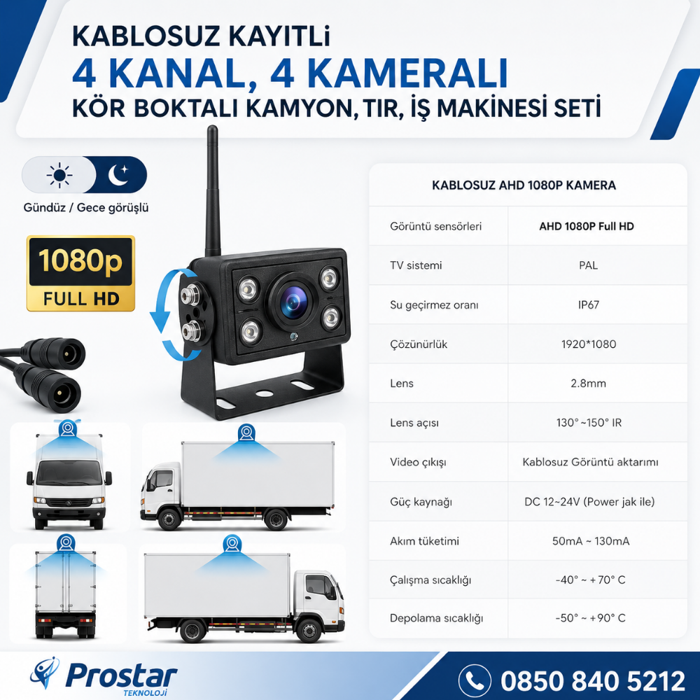 4 Kablosuz Kameralı 7 inç Kayıtlı Monitör Full HD BSD Kör Nokta Uyarı Sistemli Tak Kullan Kamera Seti