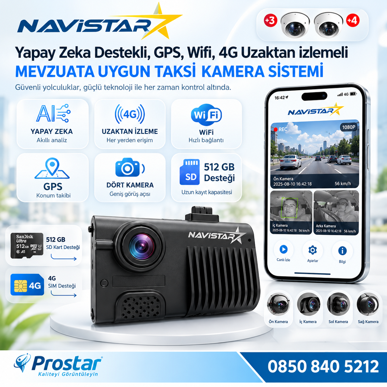 4 Kameralı 4G GPS Wifi Acil Durum butonu dahil Pratik Montaj Kamera Seti