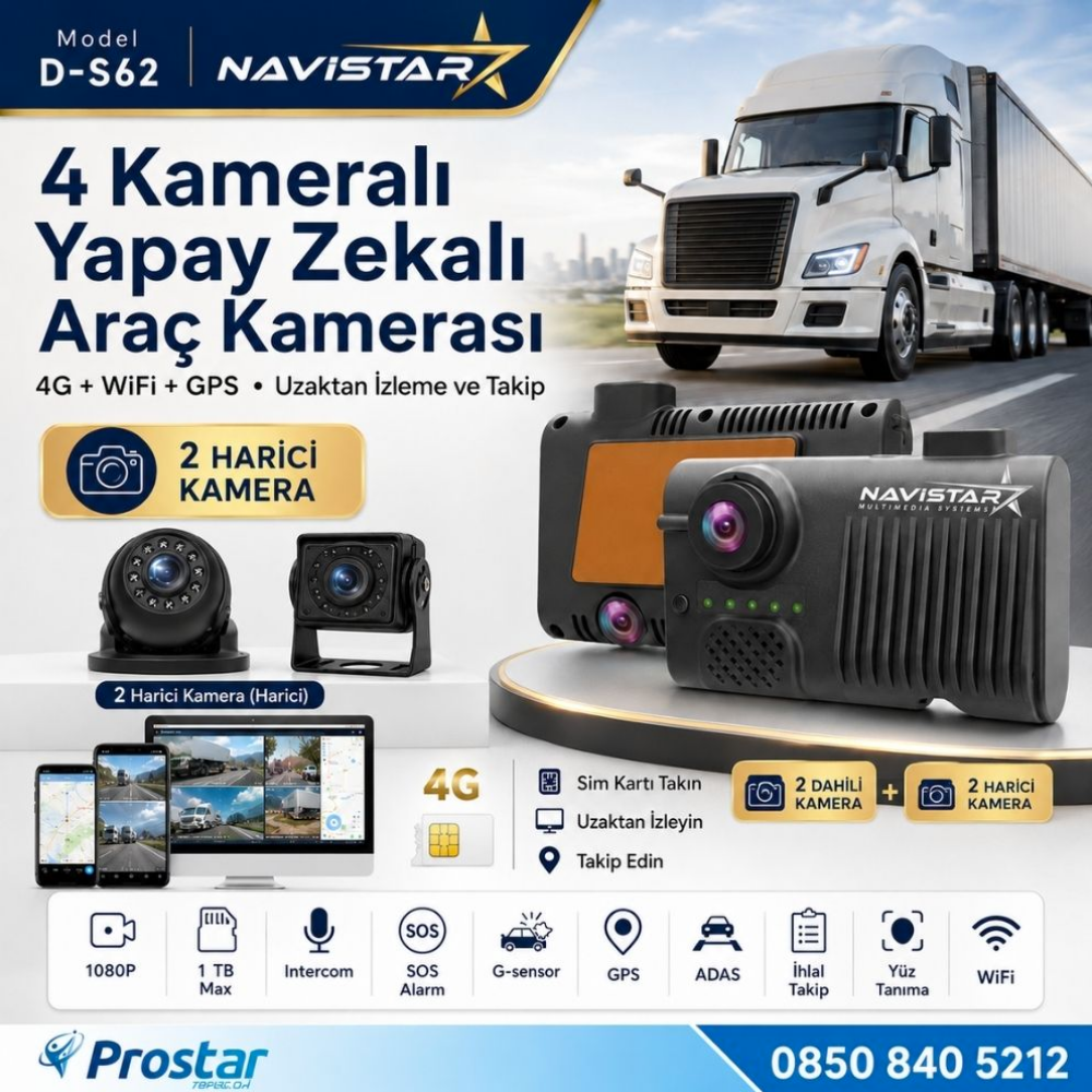 4 Kameralı 4G Uzaktan izlemeli GPS Wifi Yapay Zekalı Akıllı Dashcam Kamyon Tır Kamera Sistemi