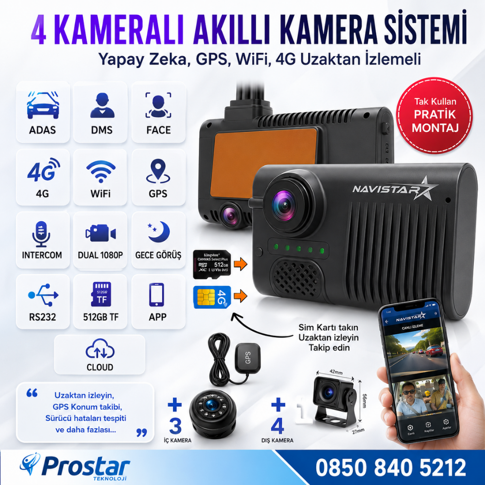 4 Kameralı 4G Uzaktan izlemeli GPS Wifi Yapay Zekalı Akıllı Dashcam Kamyon Tır Kamera Sistemi