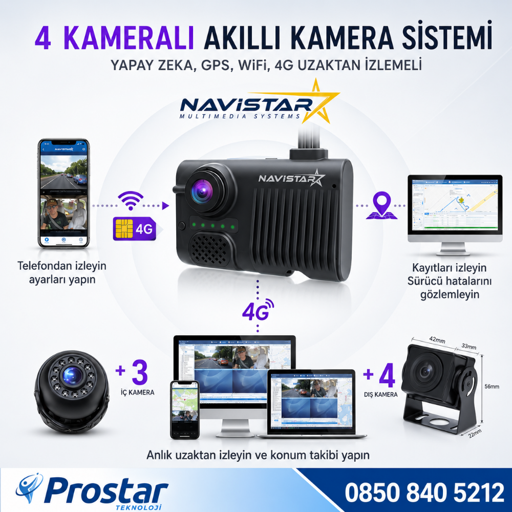 4 Kameralı 4G Uzaktan izlemeli GPS Wifi Yapay Zekalı Akıllı Dashcam Kamyon Tır Kamera Sistemi