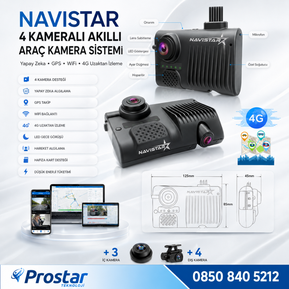 4 Kameralı 4G Uzaktan izlemeli GPS Wifi Yapay Zekalı Akıllı Dashcam Kamyon Tır Kamera Sistemi