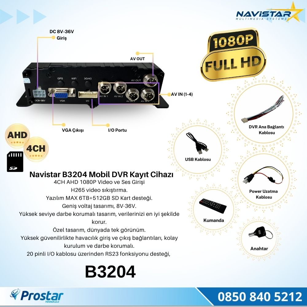 4 Kanal AHD 1080P Harddisk ve Sd kart Destekli Profesyonel Mobil DVR Kayıt Cihazı