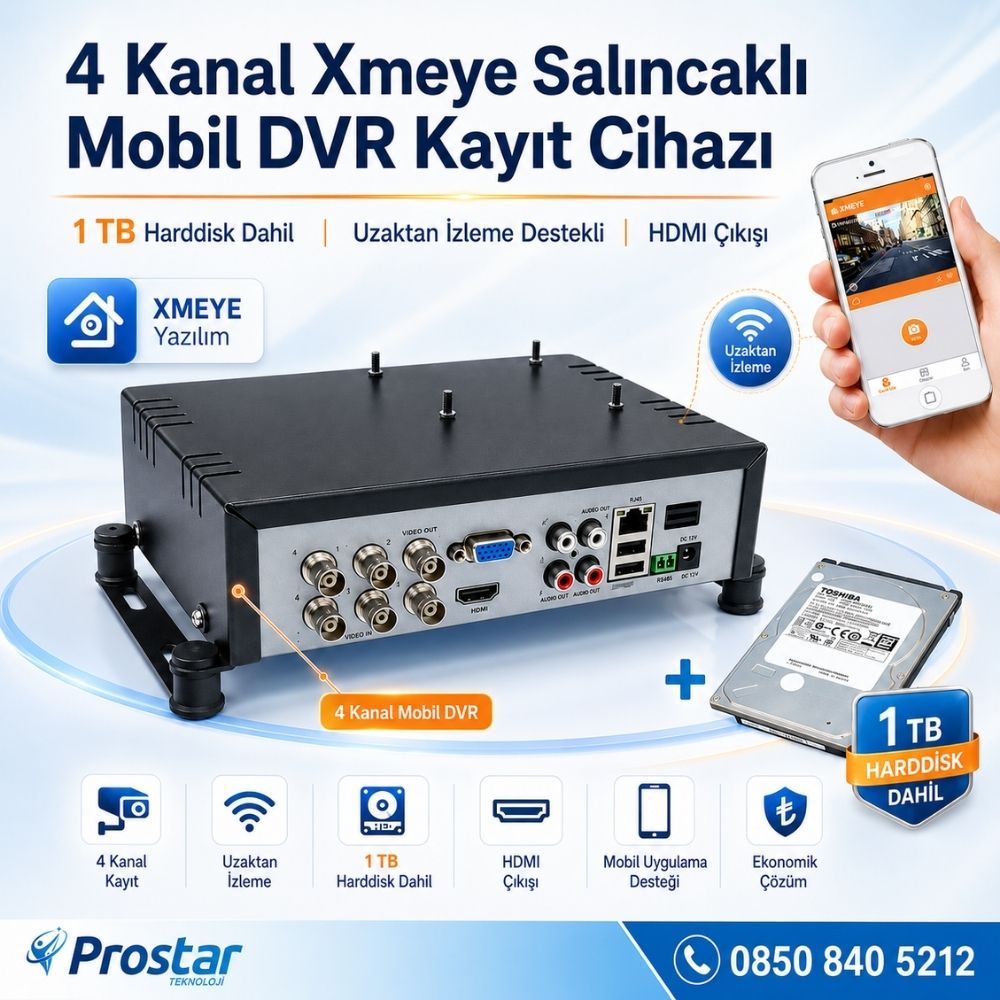 4 Kanal Mobil Dvr Kayıt Cihazı 1 TB Harddisk Dahil Uzaktan İzleme Destekli Hdmi girişli