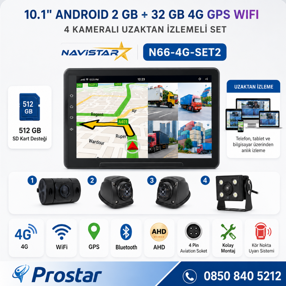 4G Uzaktan izlemeli 10 inç Android, 4 Kameralı, Wifi, GPS, Bluetooth 2 GB + 32 GB ve 512 GB SD Kart Destekli Set