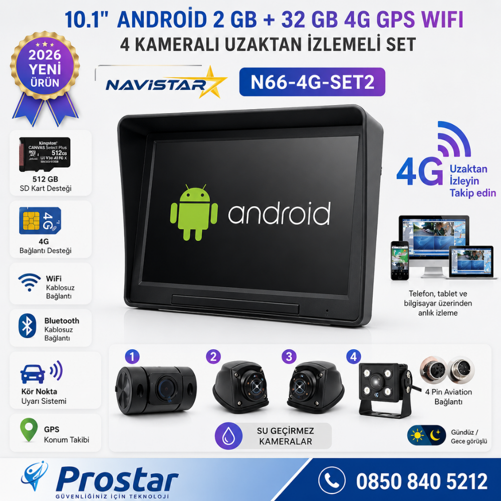 4G Uzaktan izlemeli 10 inç Android, 4 Kameralı, Wifi, GPS, Bluetooth 2 GB + 32 GB ve 512 GB SD Kart Destekli Set
