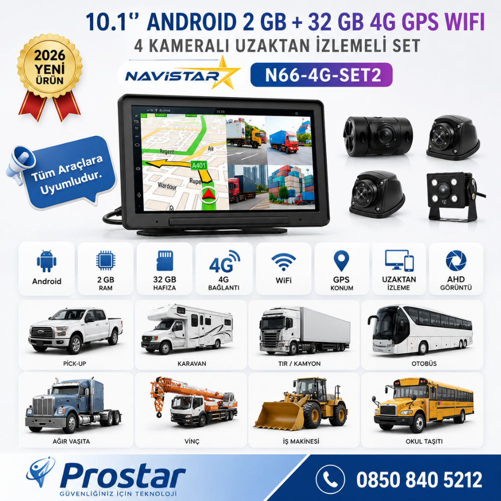 4G Uzaktan izlemeli 10 inç Android, 4 Kameralı, Wifi, GPS, Bluetooth 2 GB + 32 GB ve 512 GB SD Kart Destekli Set