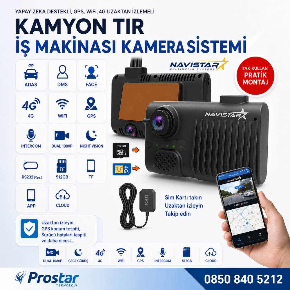 4G Uzaktan izlemeli 2 Kameralı Wifi GPS Yapay Zeka destekli Akıllı Dashcam Kamyon Tır Kamera Sistemi