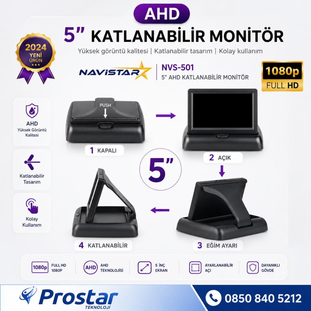 5" AHD Katlanabilir Monitör 1080P/720P/Analog destekli