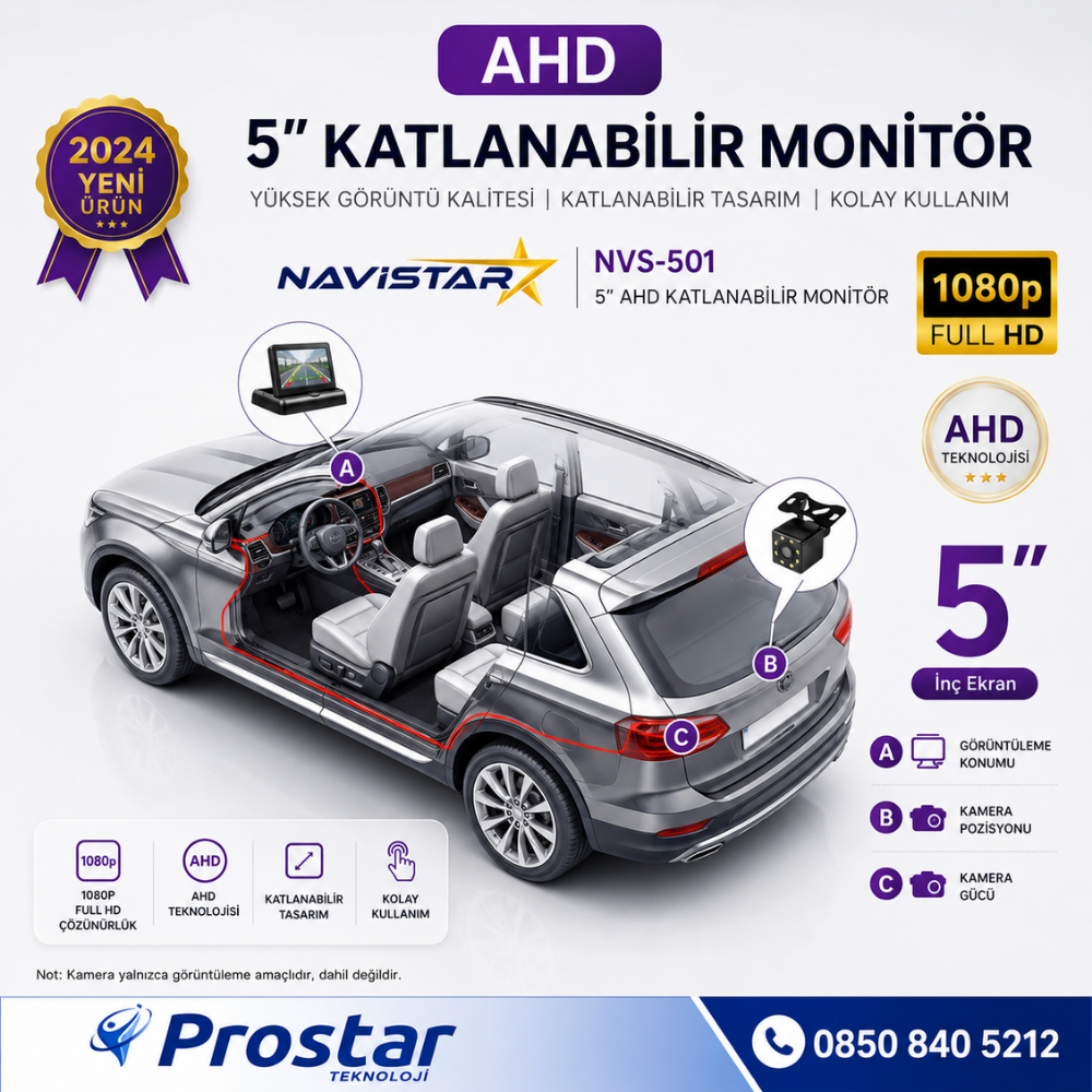 5" AHD Katlanabilir Monitör 1080P/720P/Analog destekli