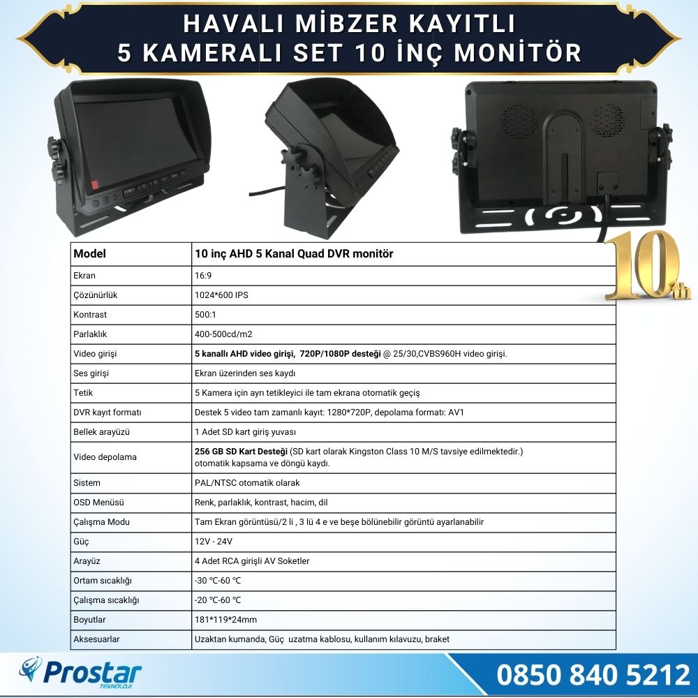5 Kameralı Mibzer Havalı Tohum Makinesi 10 inç Monitör 720P Beyaz Işıklı AHD Kayıtlı Kamera Seti
