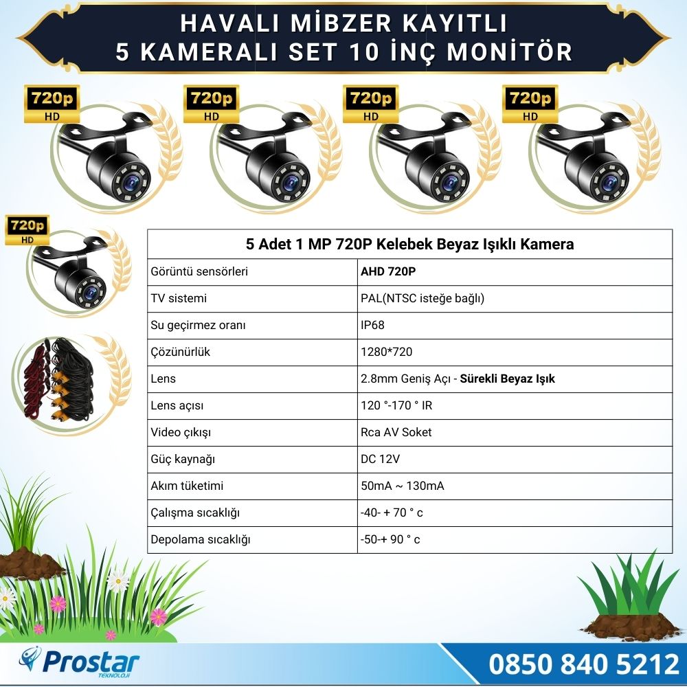 5 Kameralı Mibzer Havalı Tohum Makinesi 10 inç Monitör 720P Beyaz Işıklı AHD Kayıtlı Kamera Seti